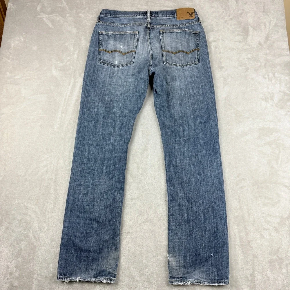 American Eagle Jeans Mens Meas 34x32.75 Blue Original Straight Grunge Distressed